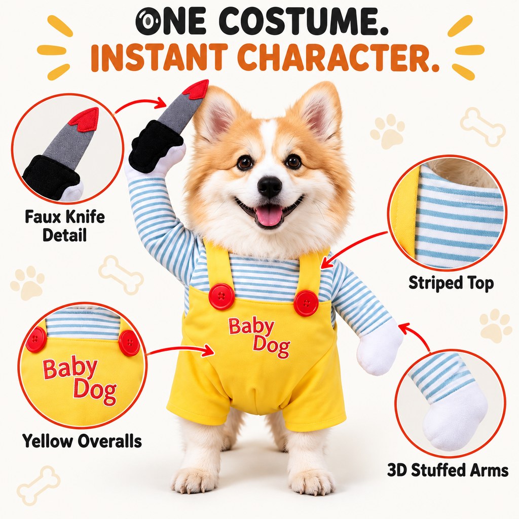 Ortekor Funny Horror Doll Dog Halloween Costume with Faux Knife - 3D Party & Photo Outfit for an Instant Spooky Look