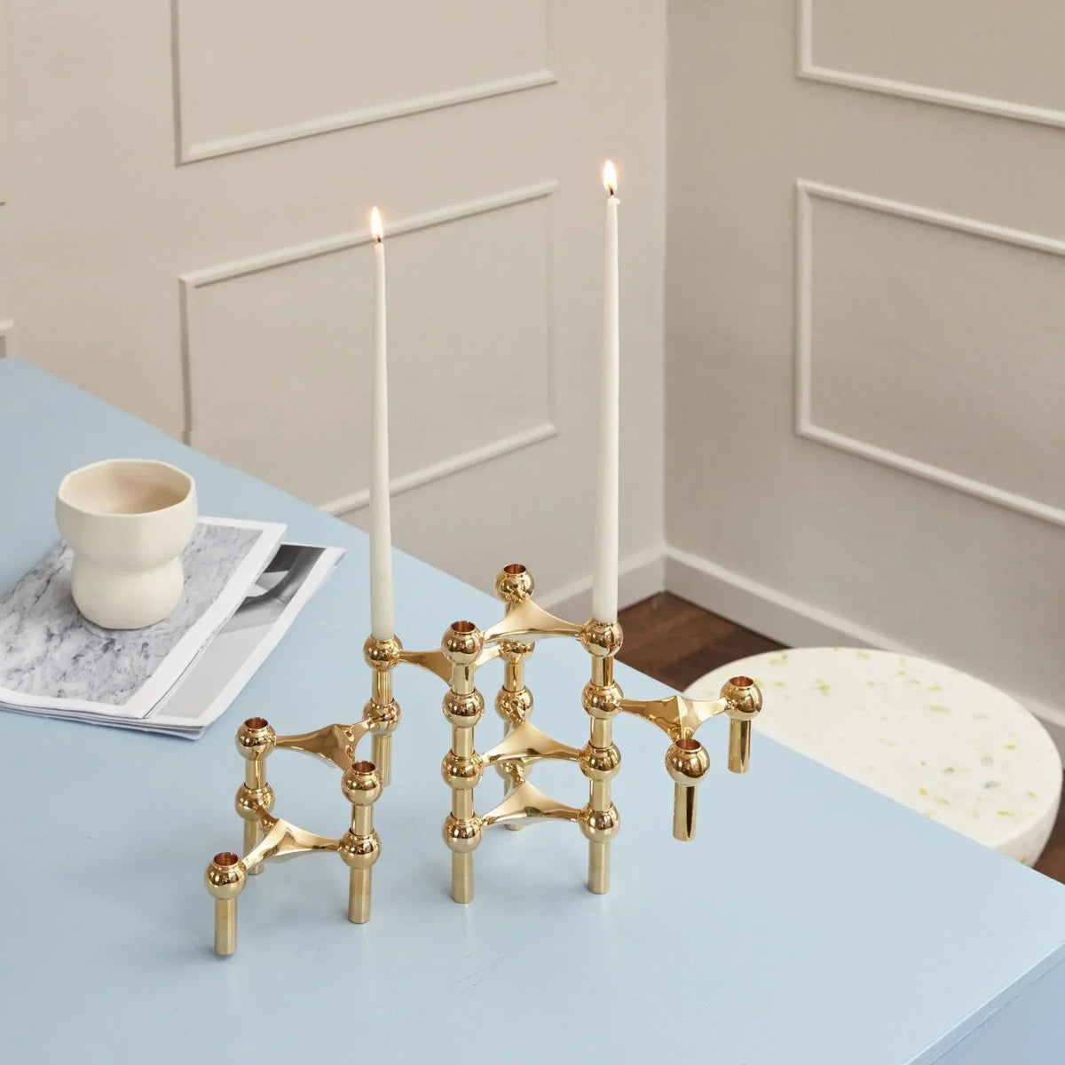 Stackable Brass Candle Holders 2.6 in Height Geometric Accent Pieces for Dining Table Sideboard Living Room Décor