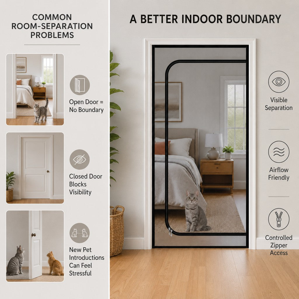 Ortekor Zippered Pet Mesh Door Barrier for Bedrooms & Home Offices - Helps Keep Cats in Designated Rooms Without Closing the Door
