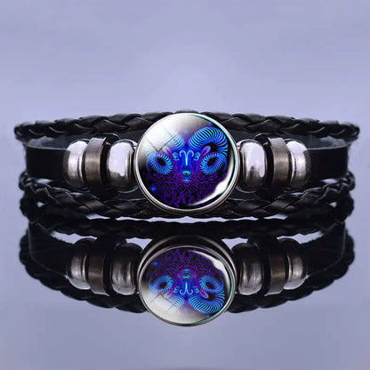 Astrological Sign Leather & Gemstone Bracelet – Handwoven Lapis & Sodalite Jewelry for Men & Women
