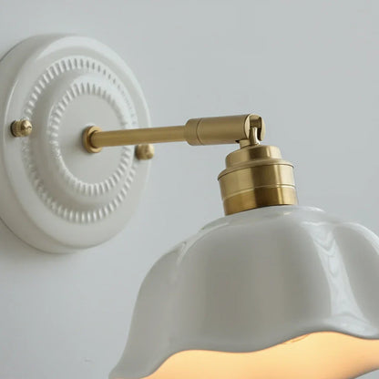 Adjustable Swing Arm Sconce with Porcelain Shade 7 in White & Copper Finish Task Light for Bedroom Nightstand Living Room Wall Accent